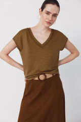 Cortefiel Playera de lino con escote en pico y l&uacute;rex Kaki