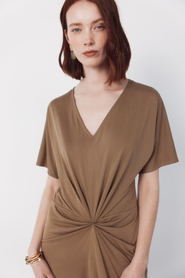 Cortefiel Vestido largo con nudo Kaki