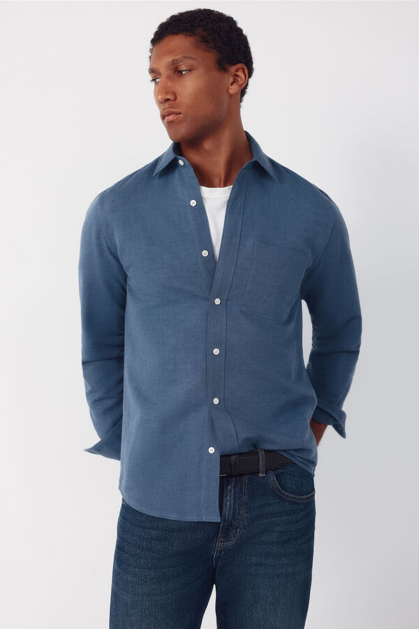 Cortefiel Camisa lino algod&oacute;n liso Azul marino