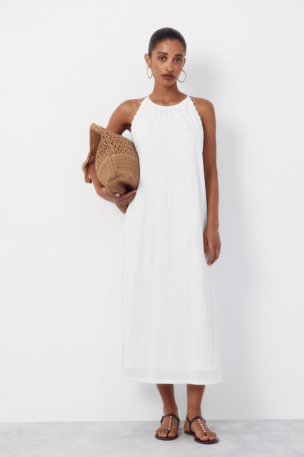 Cortefiel Vestido halter con cinta de crochet floral Blanco