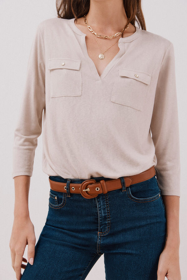 Cortefiel Playera cuello mao efecto lino Beige