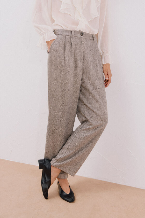 Cortefiel Pantal&oacute;n largo ancho con doble pinza Beige