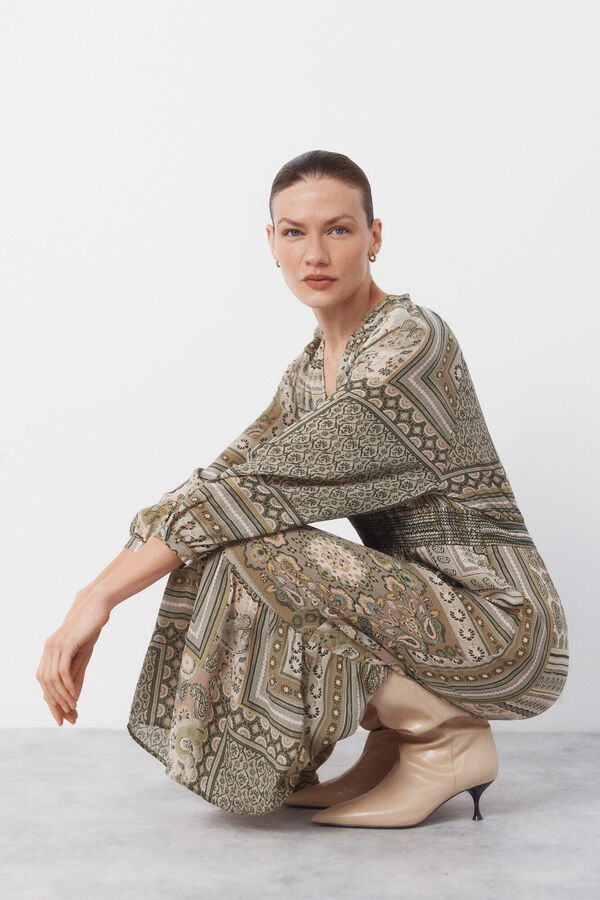 Cortefiel Vestido fluido estampado Kaki