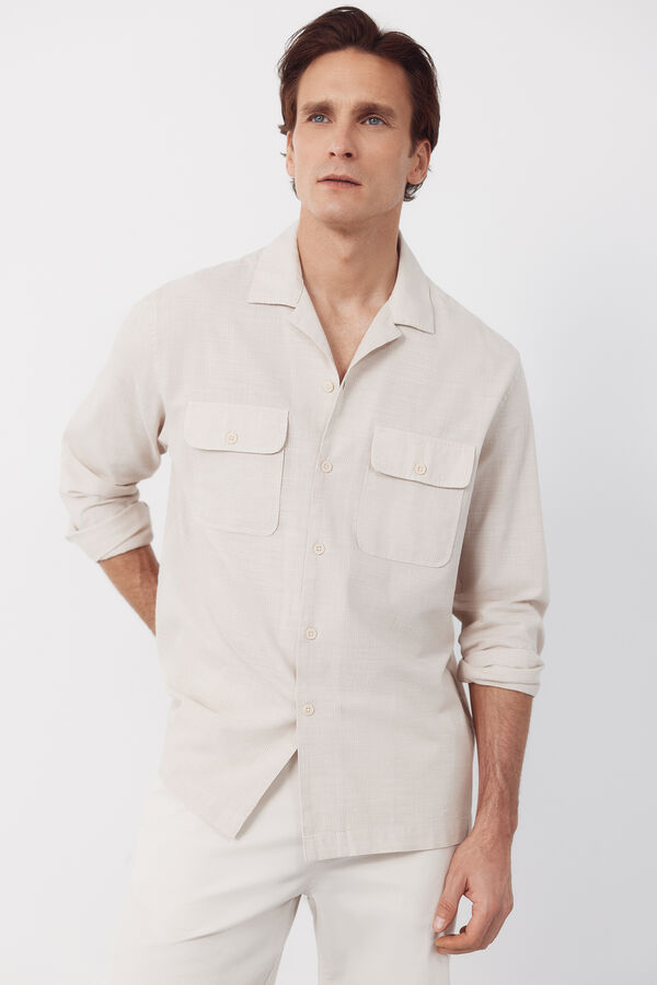 Cortefiel Camisa cuello bowling manga larga Beige