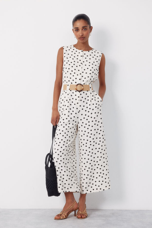 Cortefiel Jumpsuit con cintur&oacute;n Estampado blanco