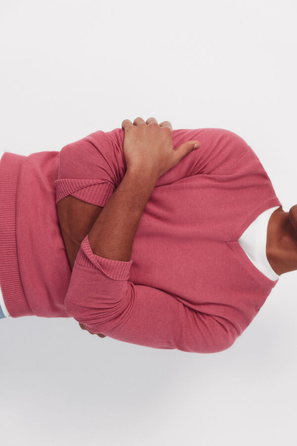 Cortefiel Jersey punto algod&oacute;n cuello pico b&aacute;sico Rosa