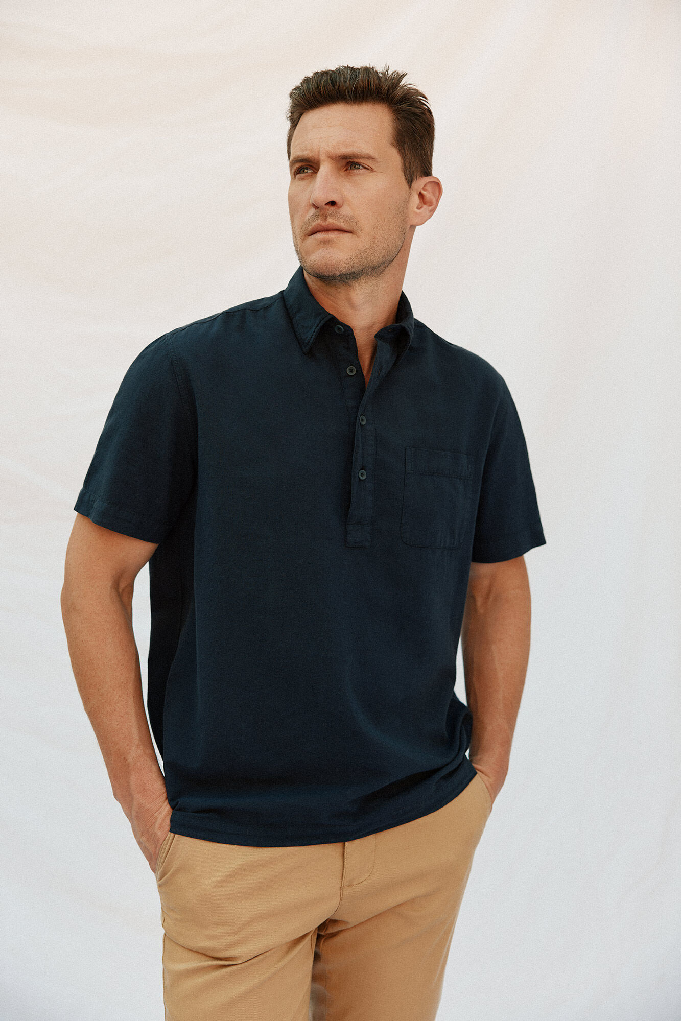 Cortefiel Polera lisa algod&oacute;n lino manga corta