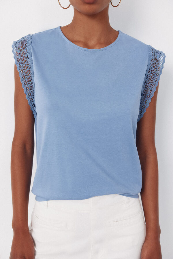 Cortefiel Playera manga guipur Azul
