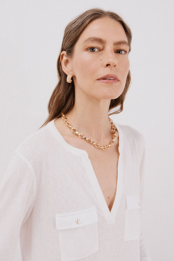 Cortefiel Playera cuello mao efecto lino Blanco