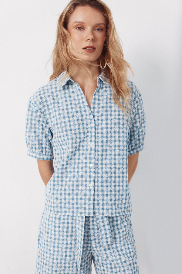 Cortefiel Blusa de estampado vichy bordada Estampado azul
