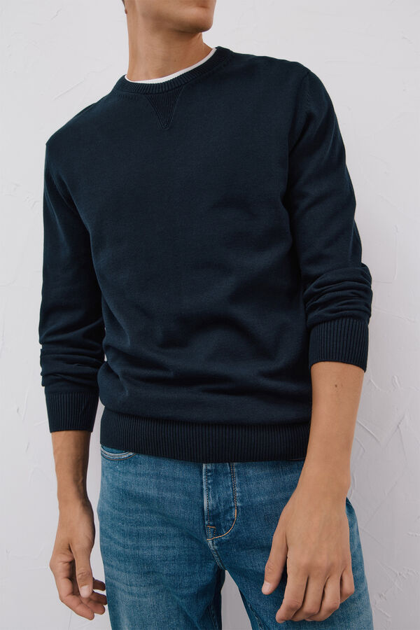 Cortefiel Su&eacute;ter de punto fino de algod&oacute;n cuello redondo Azul marino