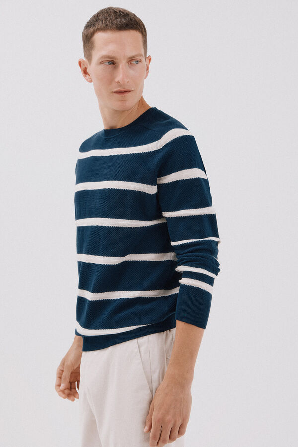 Cortefiel Su&eacute;ter de punto fino a rayas cuello redondo Azul marino