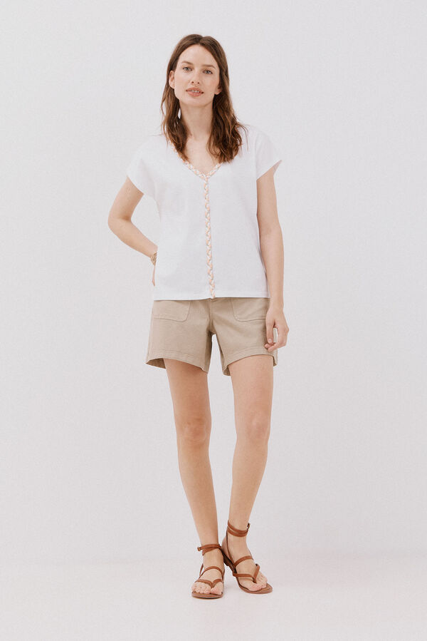 Cortefiel Playera cuello pico trenza Blanco