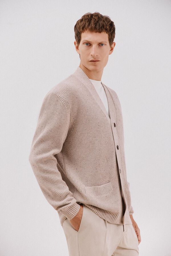 Cortefiel C&aacute;rdigan de algod&oacute;n tejido de punto perlado con cierre Beige