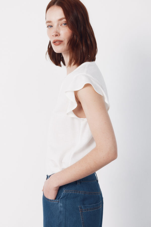 Cortefiel Playera de manga con volante Blanco