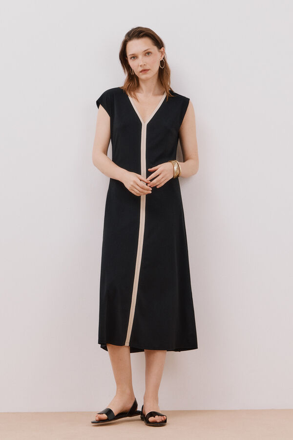 Cortefiel Vestido con escote en pico a contraste Negro
