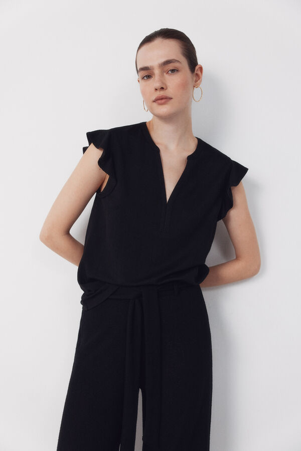 Cortefiel Playera de manga con volante Negro