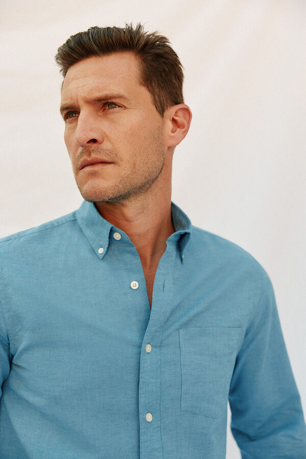 Cortefiel Camisa de lino y algod&oacute;n lisa Azul
