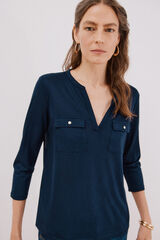 Cortefiel Playera cuello mao efecto lino Azul marino