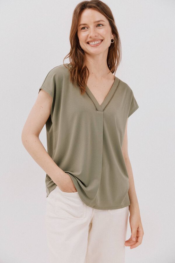 Cortefiel Playera pico con detalle puntilla Kaki