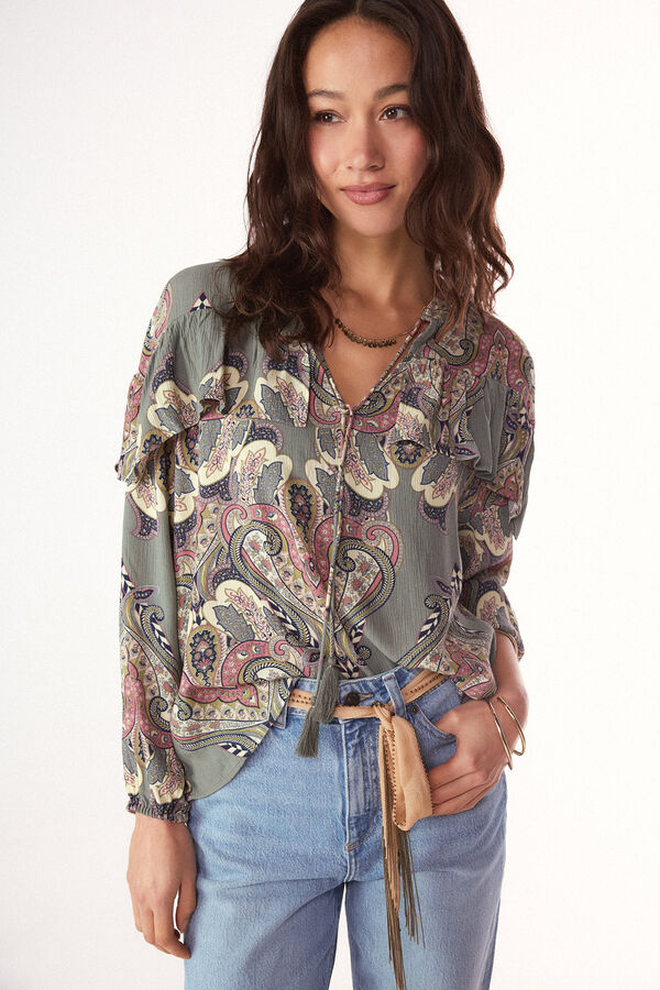 Slowlove Blusa estampada con volante Estampado azul