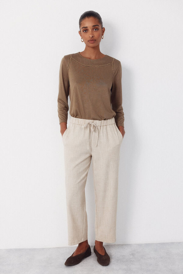 Cortefiel Playera con detalle de vainicas Kaki