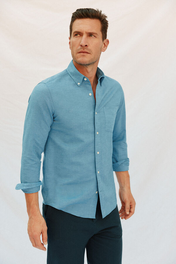 Cortefiel Camisa de lino y algod&oacute;n lisa Azul