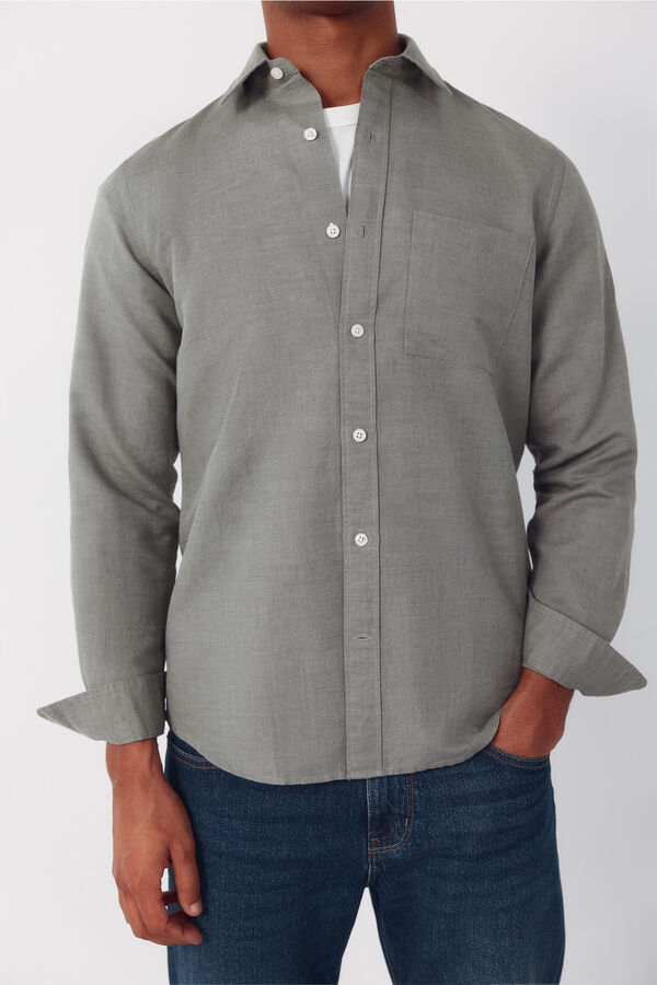 Cortefiel Camisa lino algod&oacute;n liso Kaki