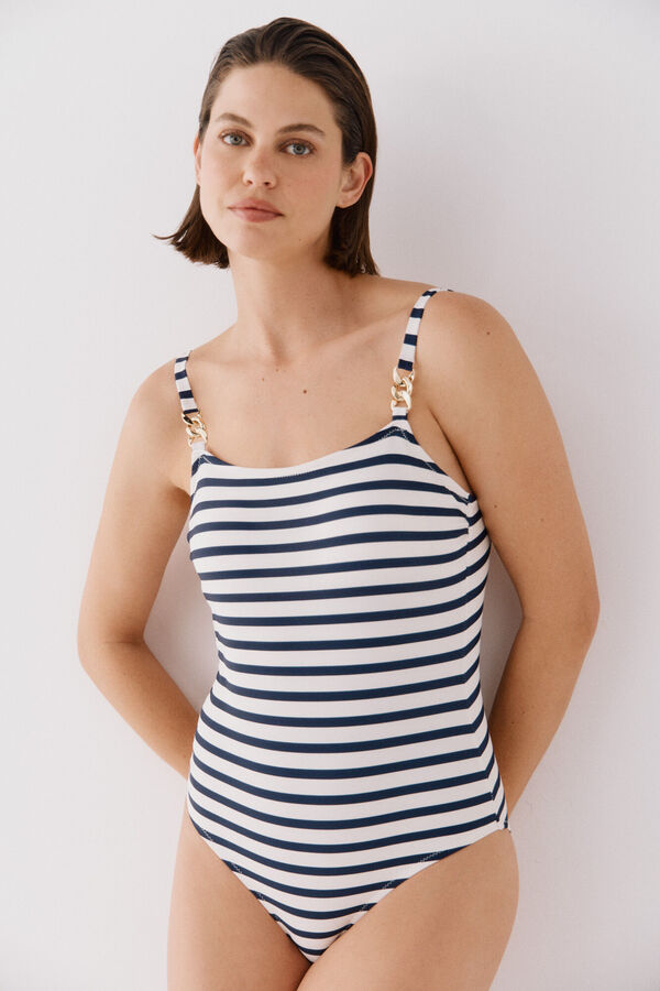 Cortefiel Traje de ba&ntilde;o escote cuadrado con cadenas Estampado azul