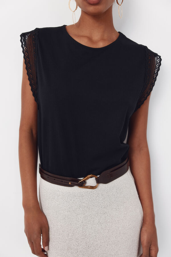 Cortefiel Playera manga guipur Negro