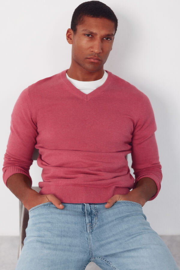 Cortefiel Jersey punto algod&oacute;n cuello pico b&aacute;sico Rosa