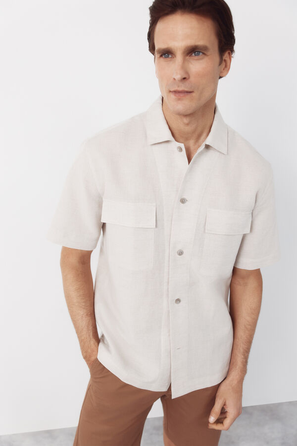 Cortefiel Camisa lino algod&oacute;n lisa cuello bowling Beige