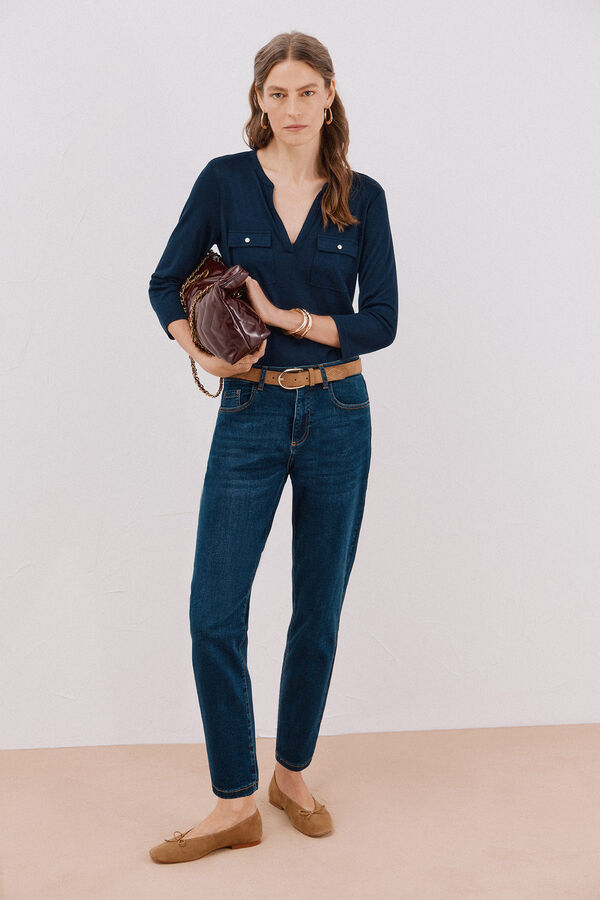 Cortefiel Playera cuello mao efecto lino Azul marino