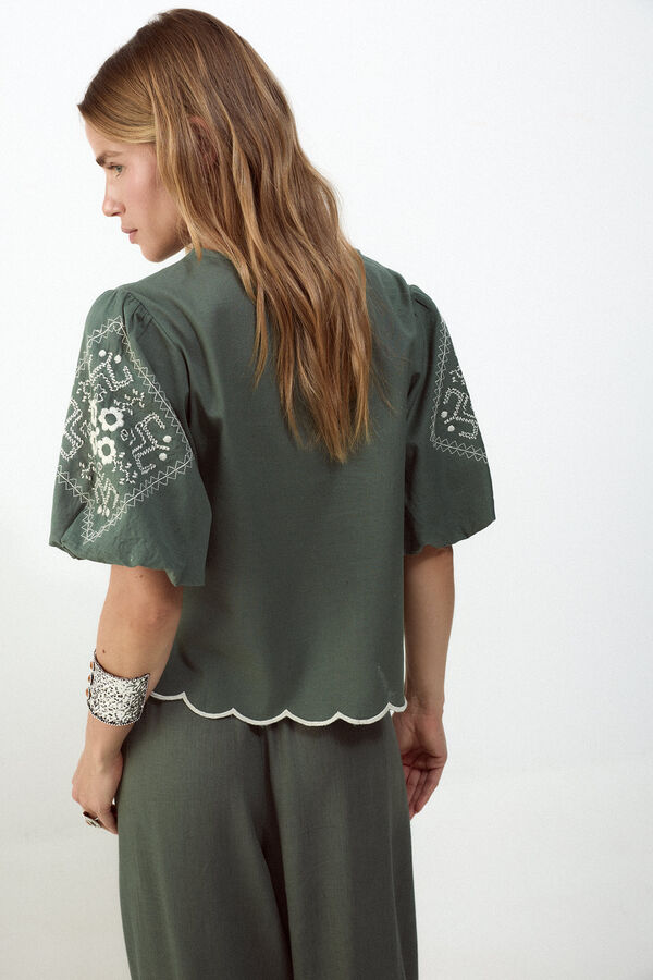 Slowlove Blusa bordado manga farol Kaki