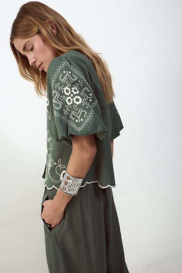 Slowlove Blusa bordado manga farol Kaki