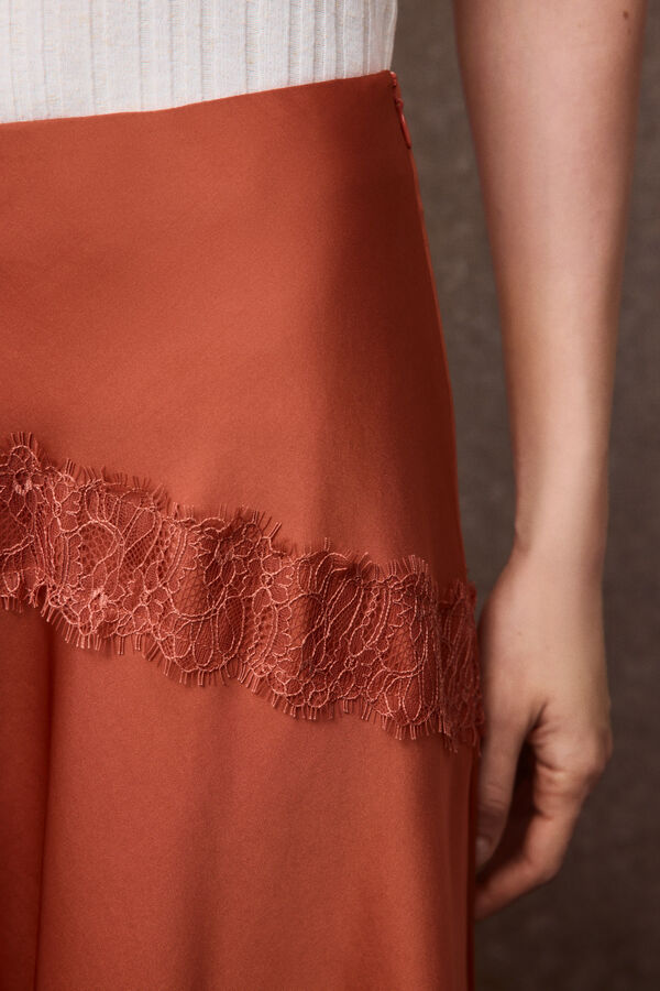 Slowlove Falda midi de sat&eacute;n y encaje Coral