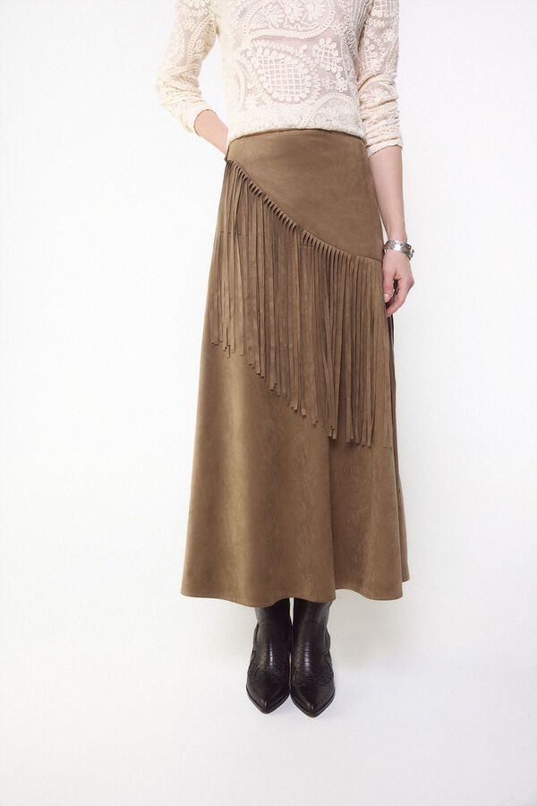 Slowlove Falda de ante sint&eacute;tico con flecos Marr&oacute;n