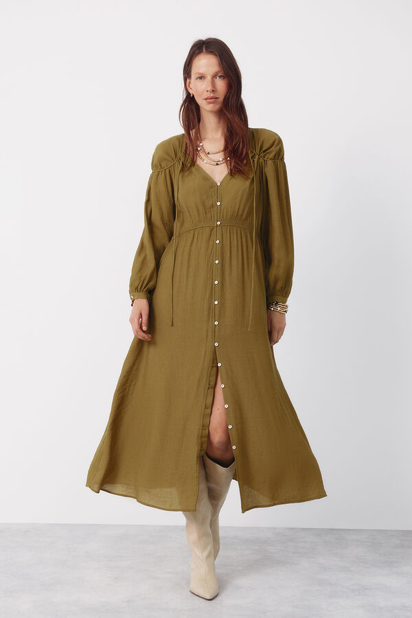 Cortefiel Vestido con cuello en pico y cord&oacute;n Amarillo