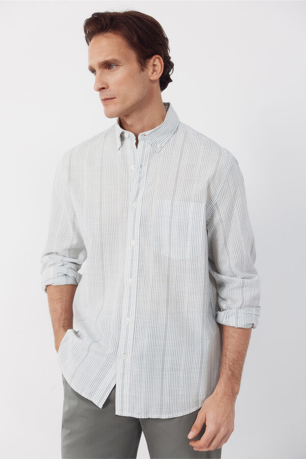 Cortefiel Camisa rayas algod&oacute;n slub Kaki