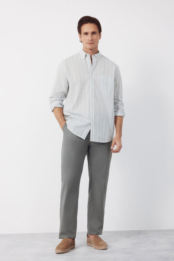Cortefiel Camisa rayas algod&oacute;n slub Kaki
