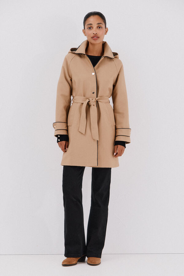 Cortefiel Gabardina satinada con capucha desmontable Beige