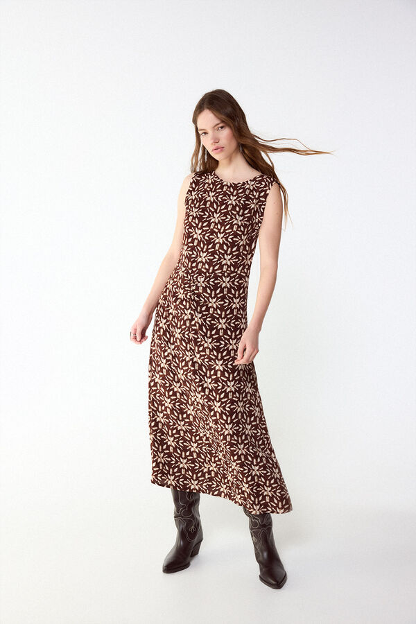 Slowlove Vestido estampado con frunce Estampado marr&oacute;n