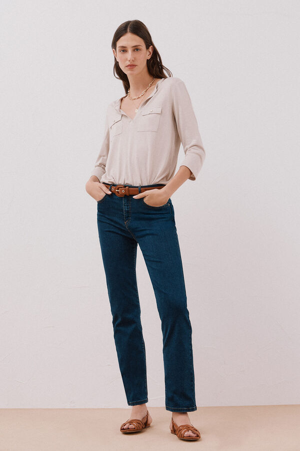 Cortefiel Playera cuello mao efecto lino Beige