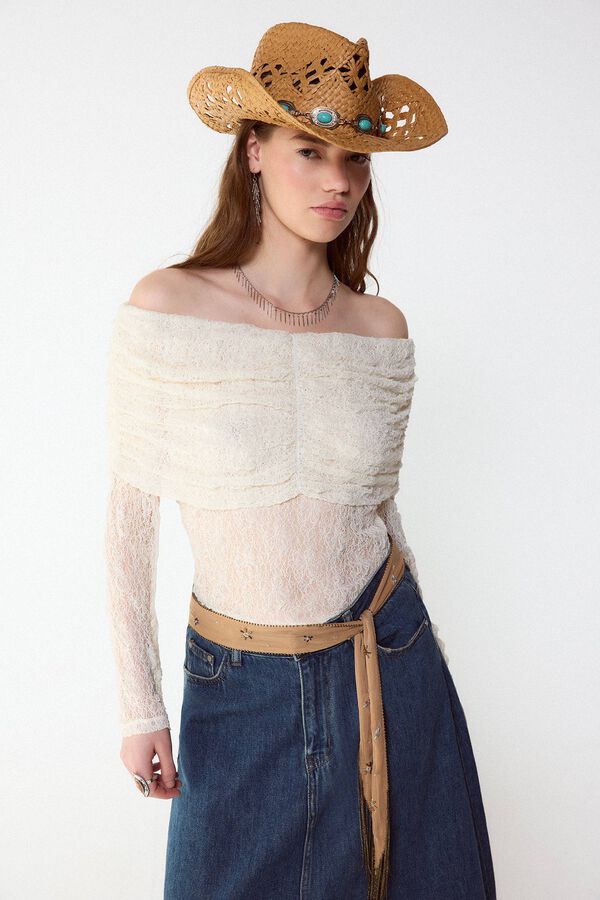 Slowlove Top lencero con hombros descubiertos Marfil