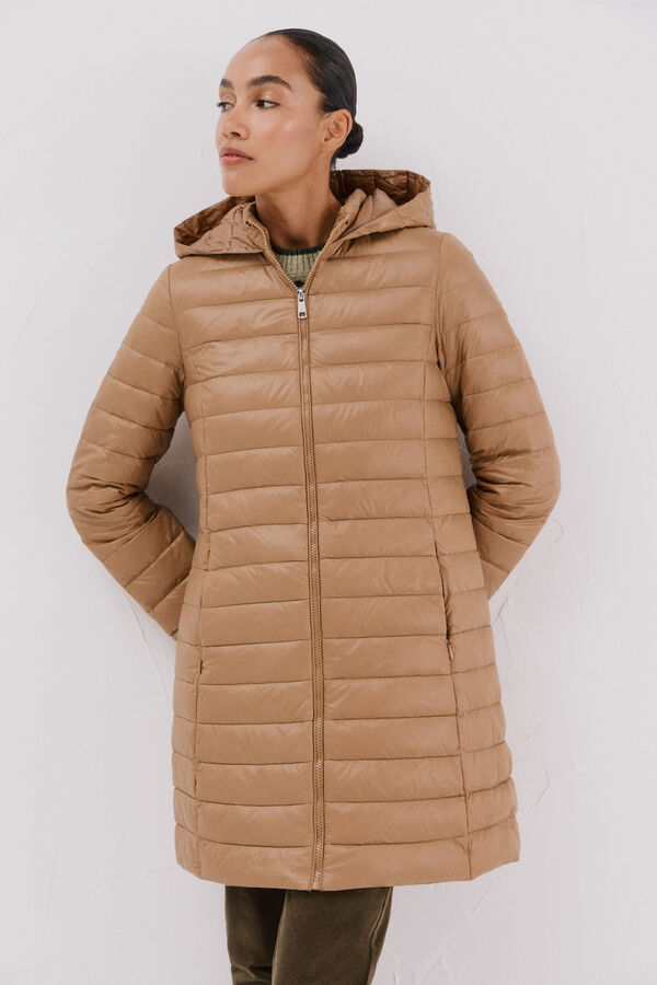 Cortefiel Abrigo largo plumas Beige