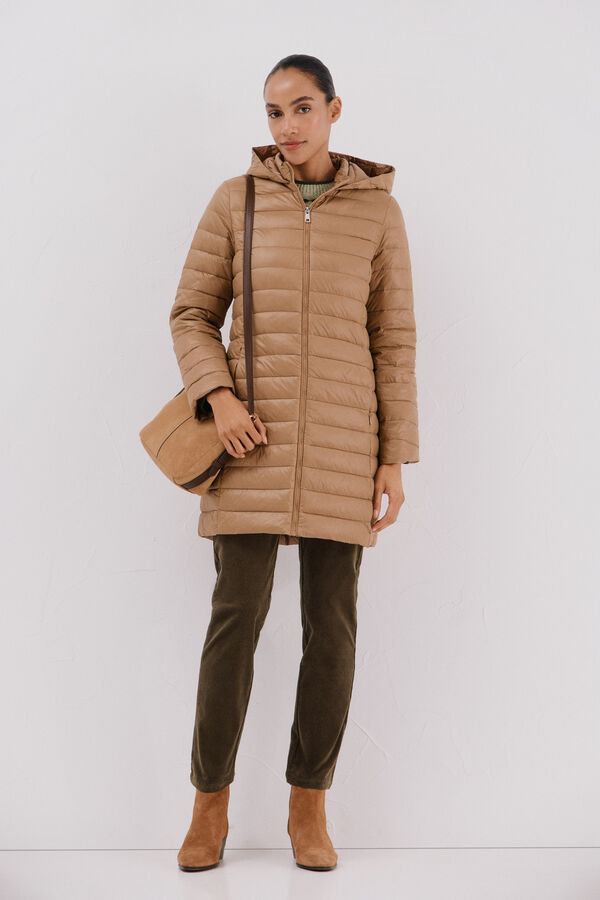Cortefiel Abrigo largo plumas Beige