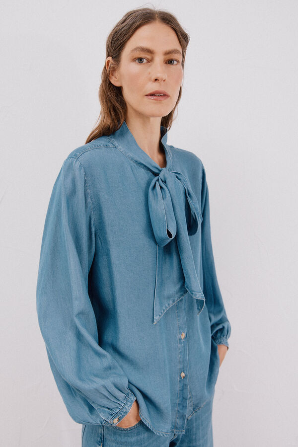 Cortefiel Camisa de mezclilla con lazo Azul
