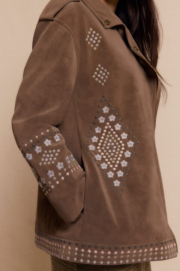 Slowlove Chamarra biker efecto piel bordada Beige