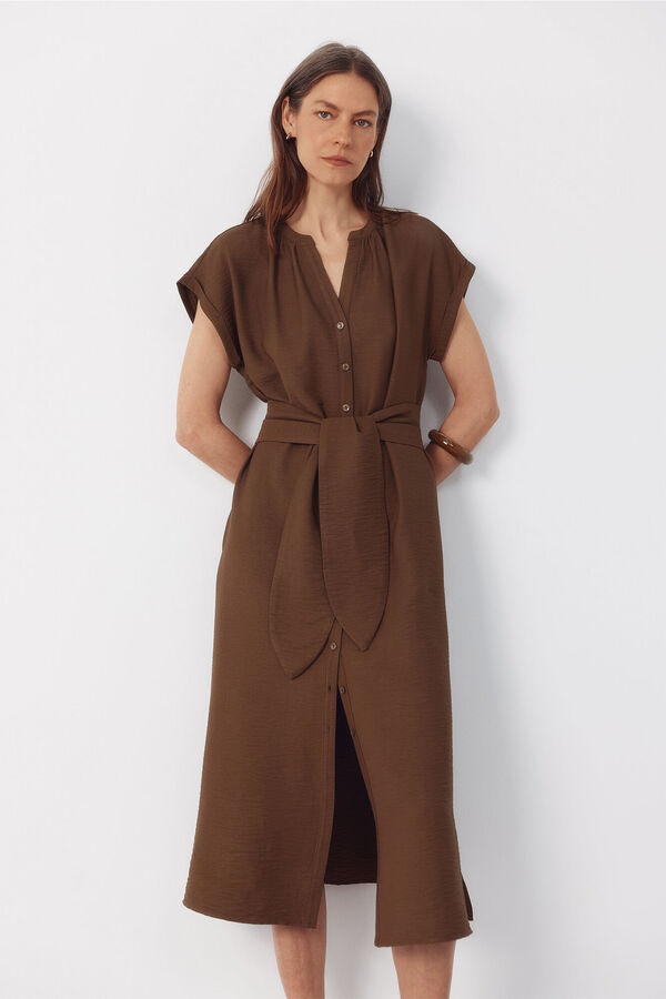 Cortefiel Vestido estampado con cintur&oacute;n Kaki