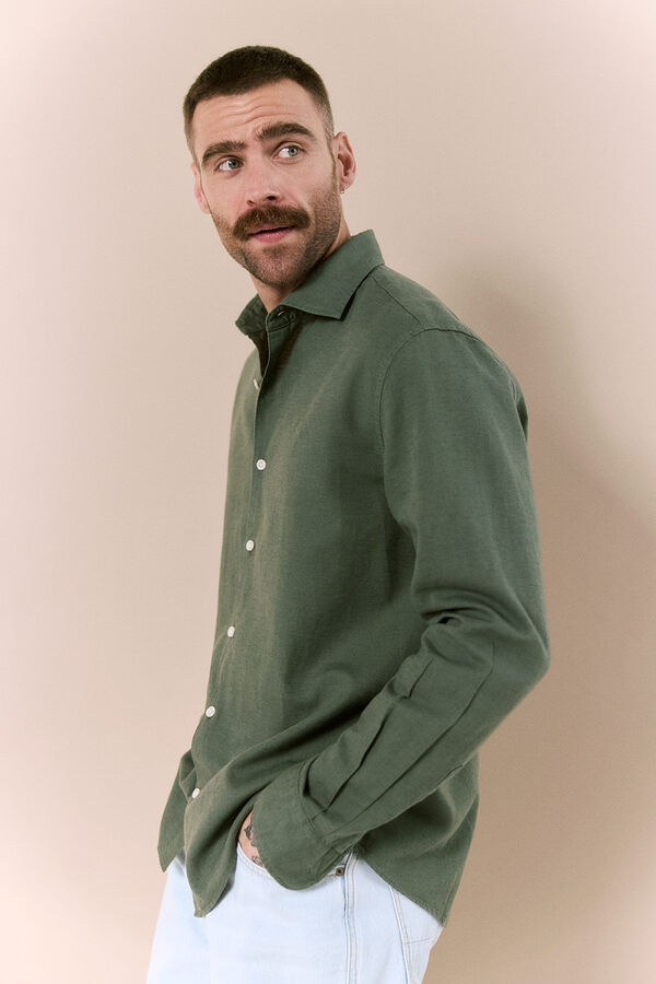 OOTO Camisa algod&oacute;n lino manga larga Kaki